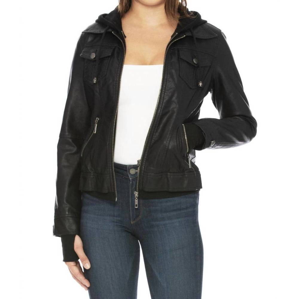 NEW COALITION LA girl next door vegan leather hooded jacket in black